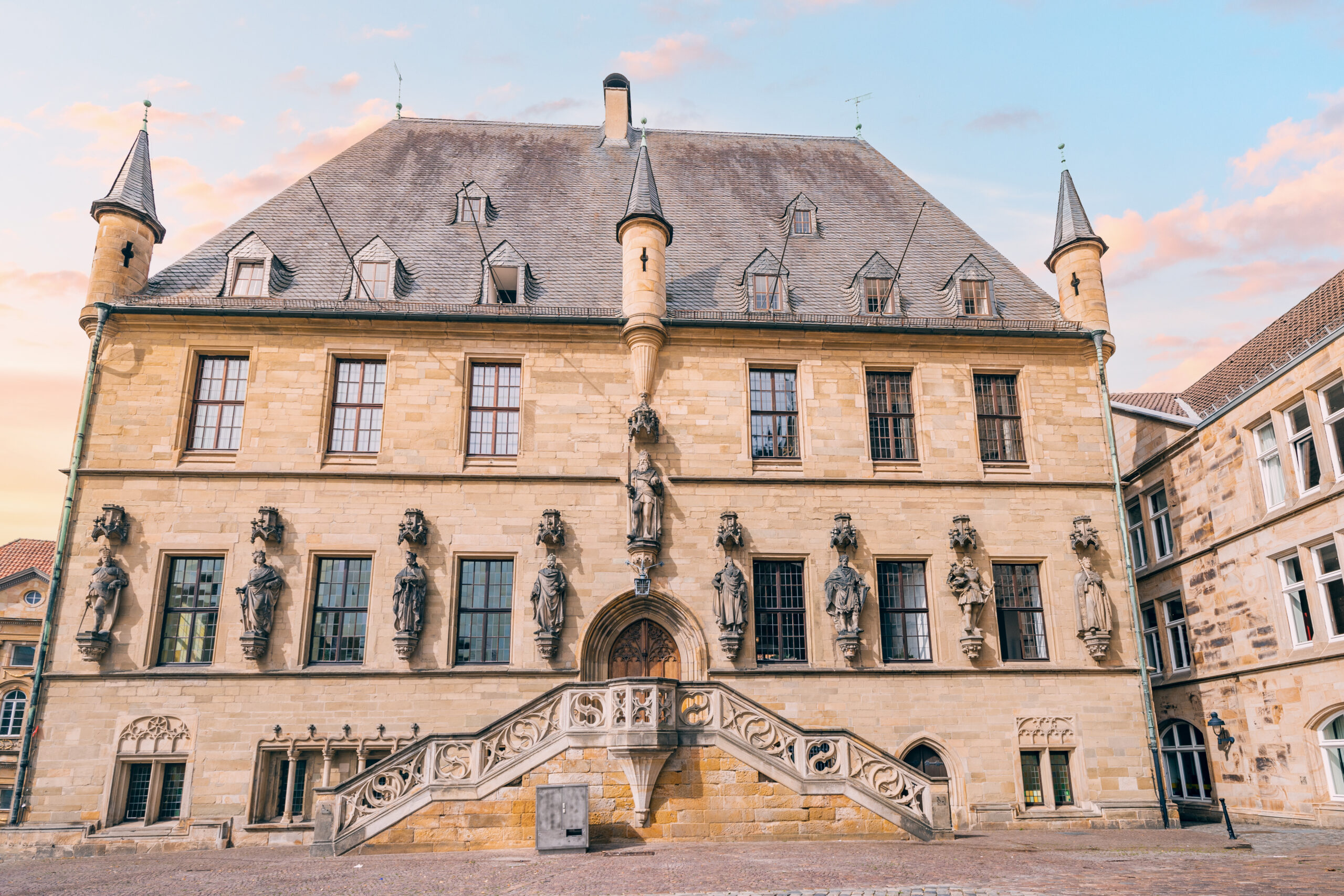 Beautiful Gothic city hall or Rathaus building in Osnabruck, Lower Saxony in Germany. Tourist and architectural attraction